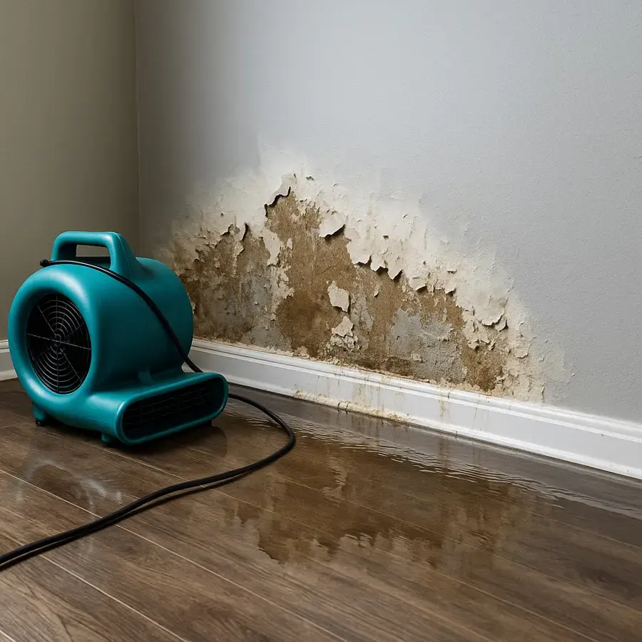 Air mover drying a water-damaged wall and wet floor in a Plant City home