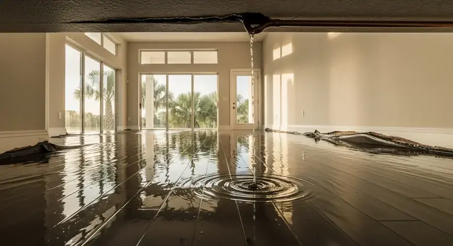 Water pouring from a burst pipe in the ceiling onto a flooded floor