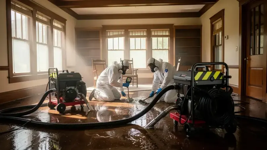 Mitigation team in protective suits extracting a sewage backup