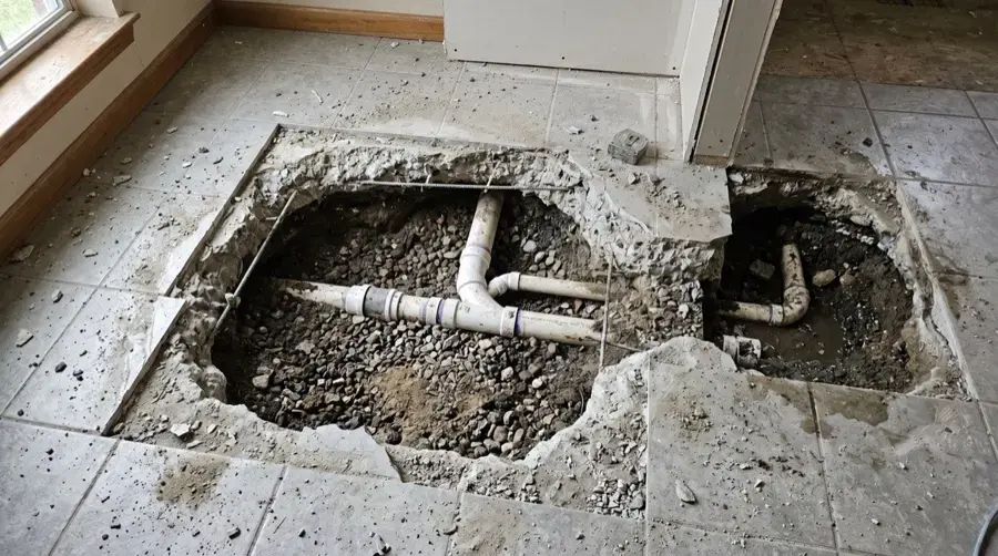 Tile and concrete opened to reach a slab leak in a Plant City, FL block home