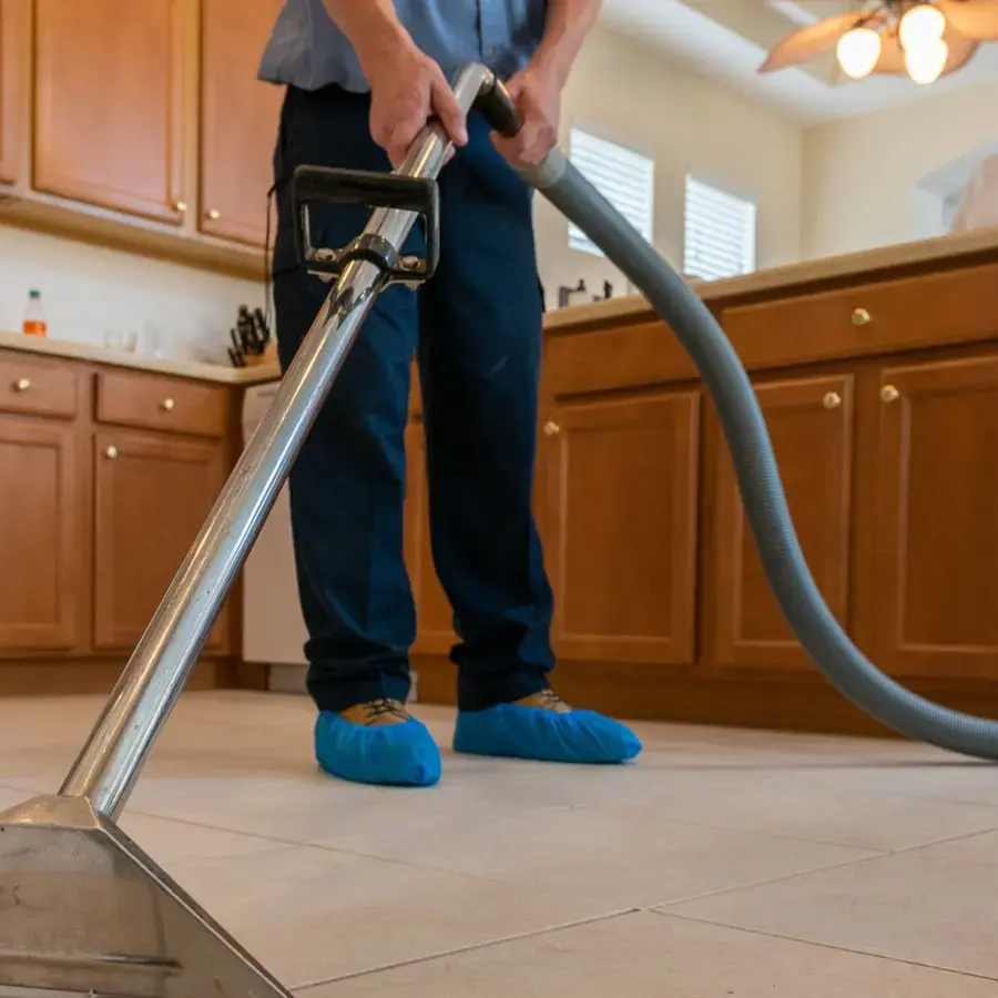 Extraction wand pulling water off a tile kitchen floor in a Plant City, FL home